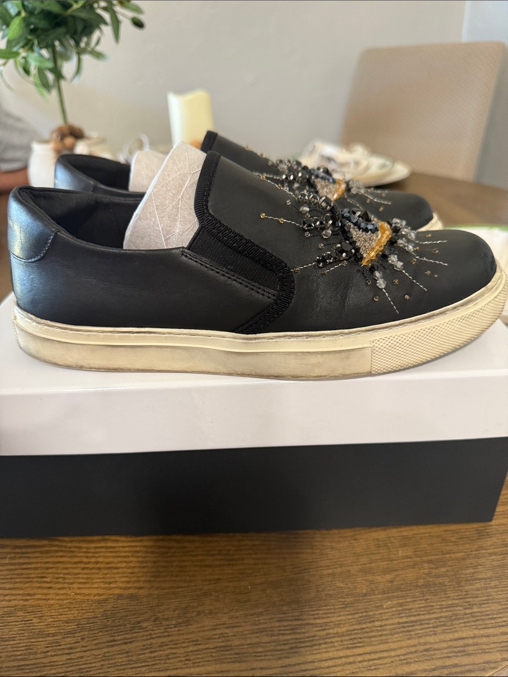 Kurt Geiger Black Leather Slip-On Embellished Sneakers - Picture 5 of 7
